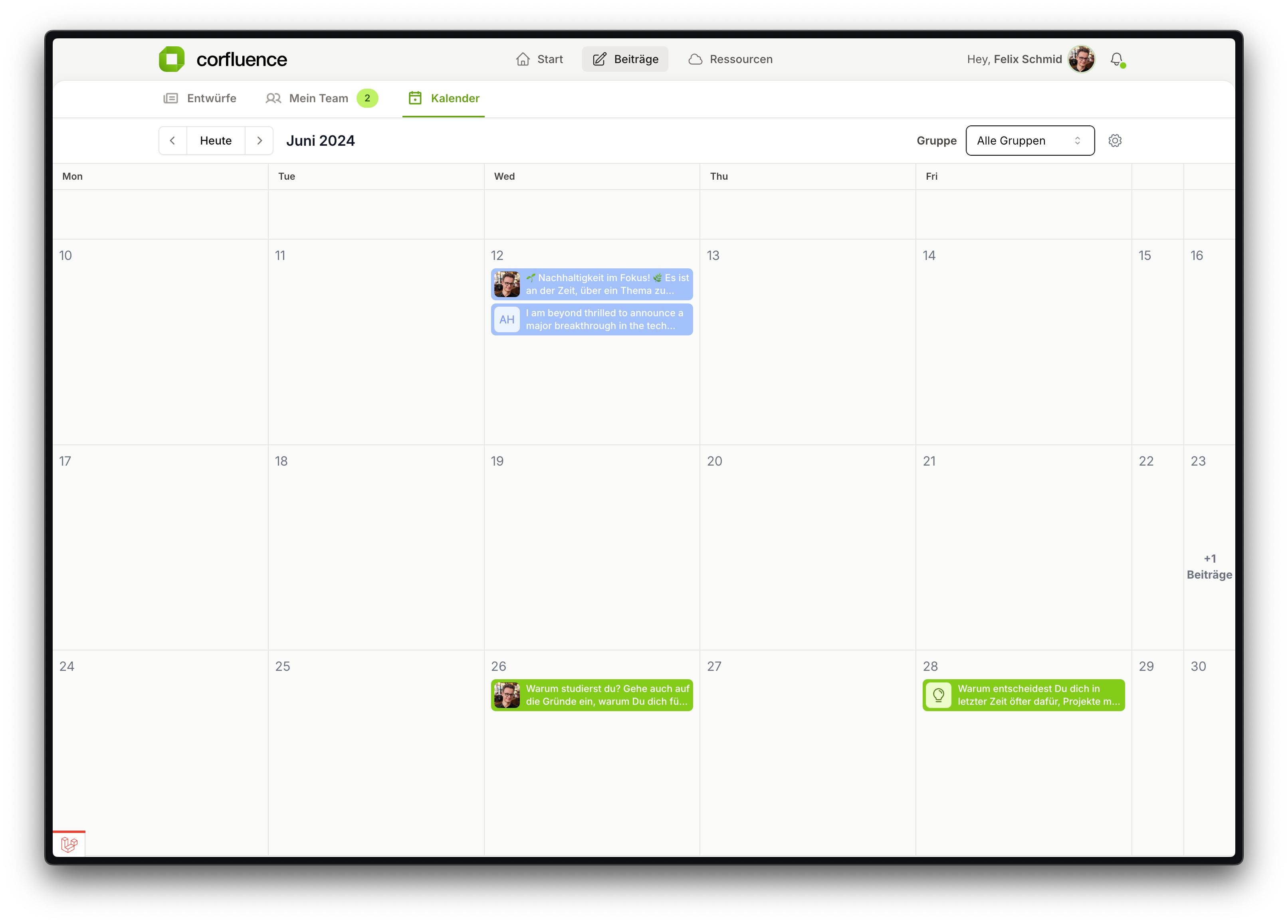 Screenshot of content calendar